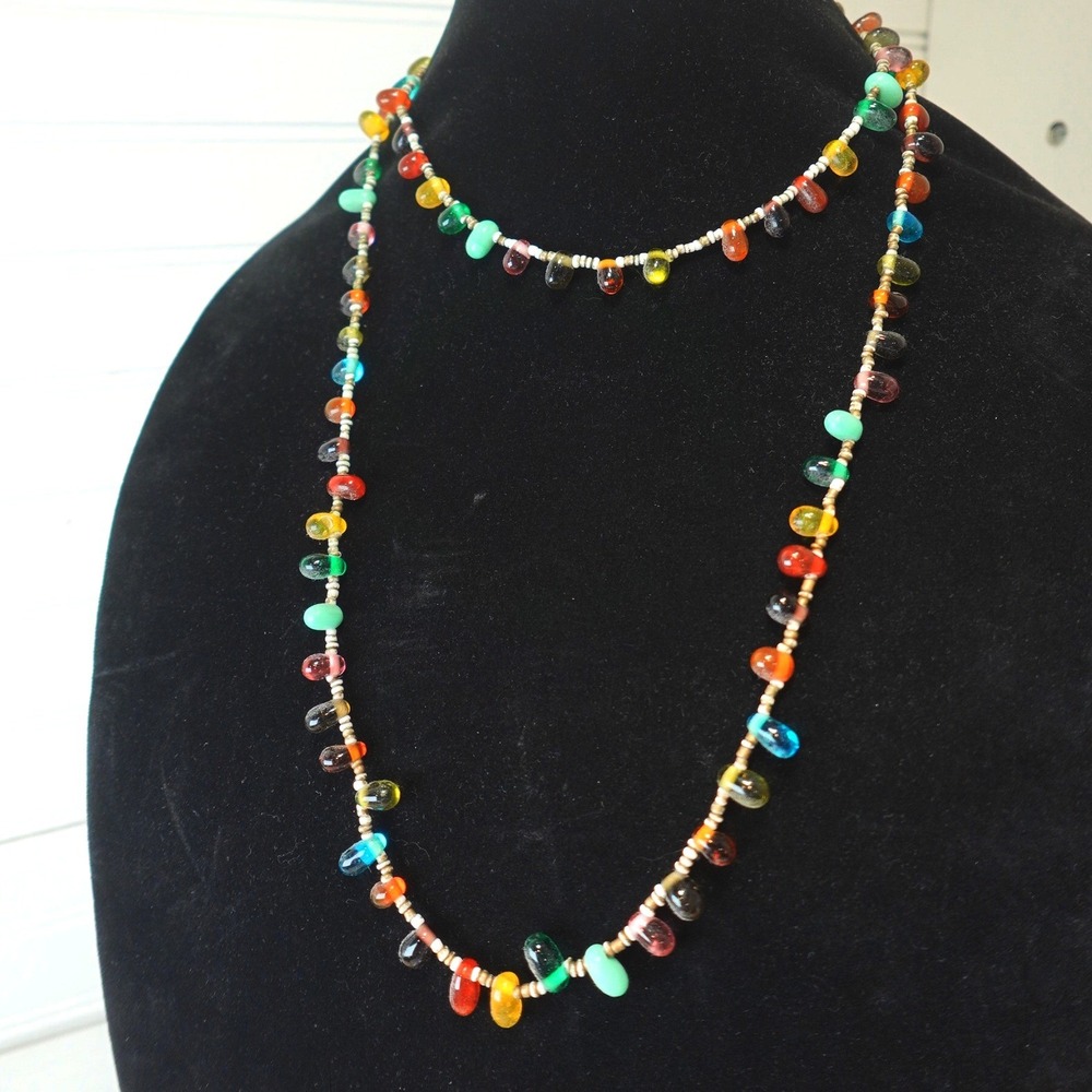 Vintage Rainbow Glass Beaded Necklace 40 inch Multicolors Teardrop Beads Boho
